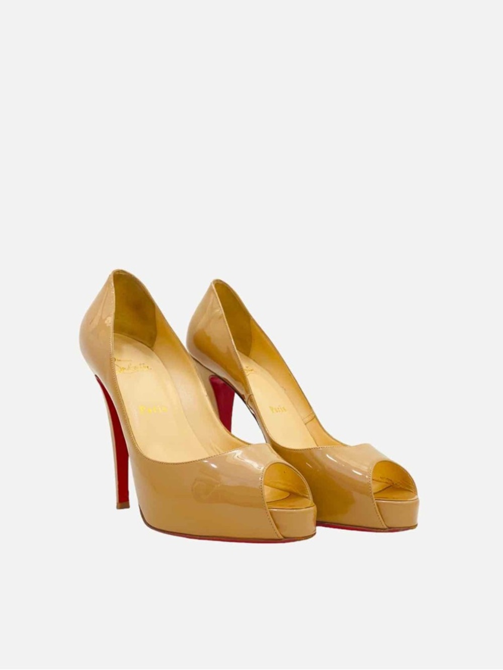 CHRISTIAN LOUBOUTIN VERY PRIVE 120 CAMEL PATENT LEATHER PEEP TOE PUMPS